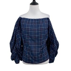 Petersyn Blouse‎ Womens XS Plaid Off Shoulder Cotton Blue Red Balloon Sleeves